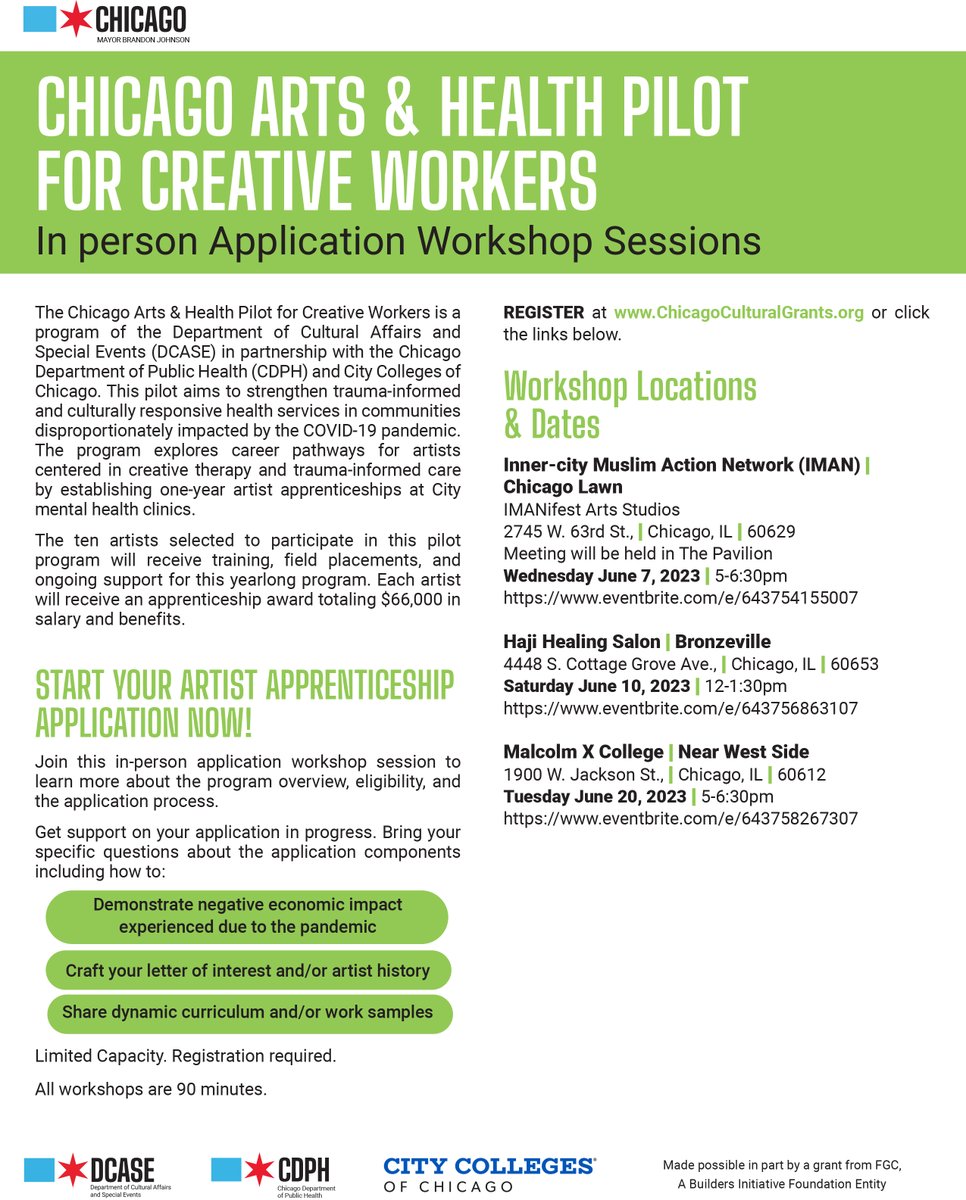 Be sure to look into attending one of the application workshop sessions on June 7, 10 or 20!
#DCASEgrants
ChicagoCulturalGrants.org