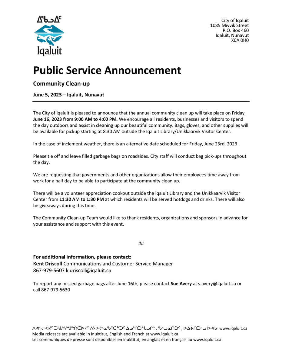 Public Service Announcement
Community Clean-up
June 5, 2023 – Iqaluit, Nunavut