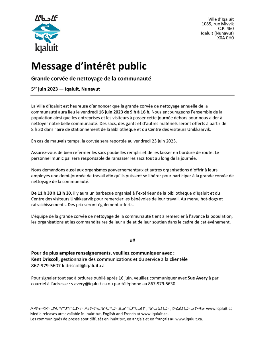 Message d’intérêt public
Grande corvée de nettoyage de la communauté
5er juin 2023 — Iqaluit, Nunavut