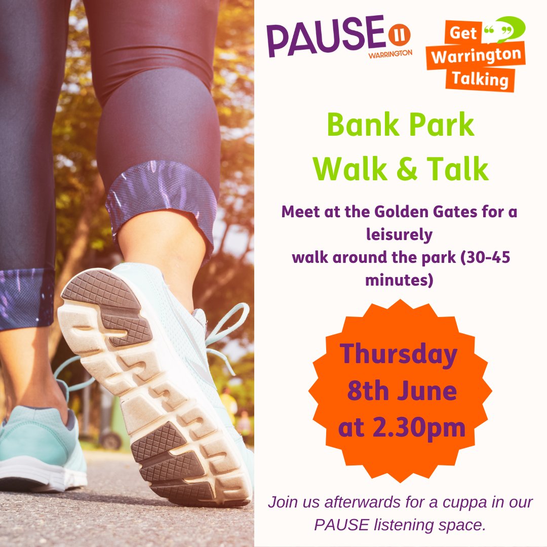Join us on tomorrow afternoon for our walk and talk! Meet at 2:30pm at the Golden Gates. Enjoy the sunshine at Bank Park and follow up with a cuppa in our PAUSE listening space 📷
No booking required, just turn up and go!
#EndTheStigma #Mentalhealthmatters #warrington  #Pause
