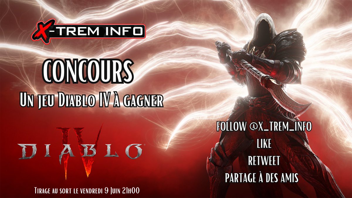 X_trem_info's tweet photo. 🎁#Concours🎁

À l’occasion de la sortie du jeu tant attendu : 💥 Diablo IV 💥

🍀 Tente de gagner ton jeu 🍀

Pour participer : 

❤️  Like
🔁  Retweet 
👉  Follow @X_trem_info

➡️ Invite tes amis pour les faire participer ! 

📅 T.A.S le 09 Juin  2023 sur #twitch 

#Community #Diablo4 #pcgame #gaming