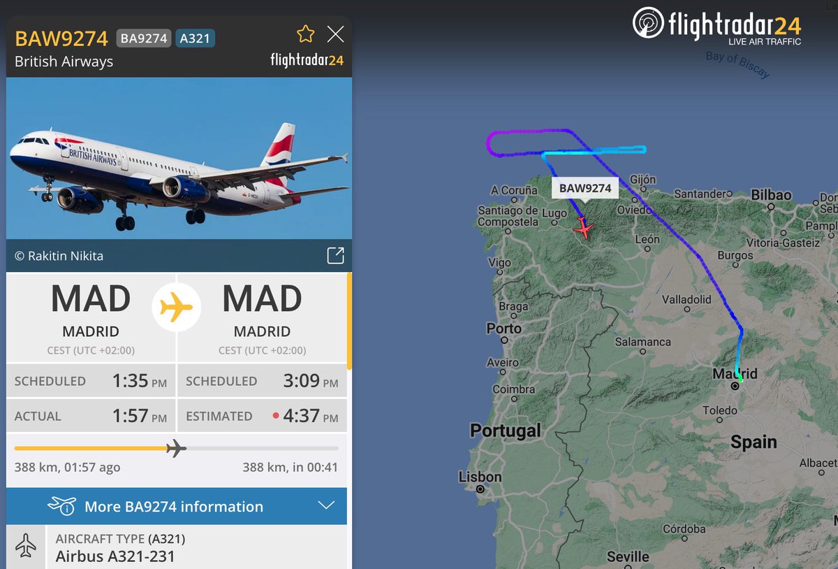 British Airways A321-200 G-MEDU is making it's first flight since November 22, 2020. The aircraft has been in storage in MAD and is likely undergoing return to service testing. Follow it here: fr24.com/BAW9274/309638…