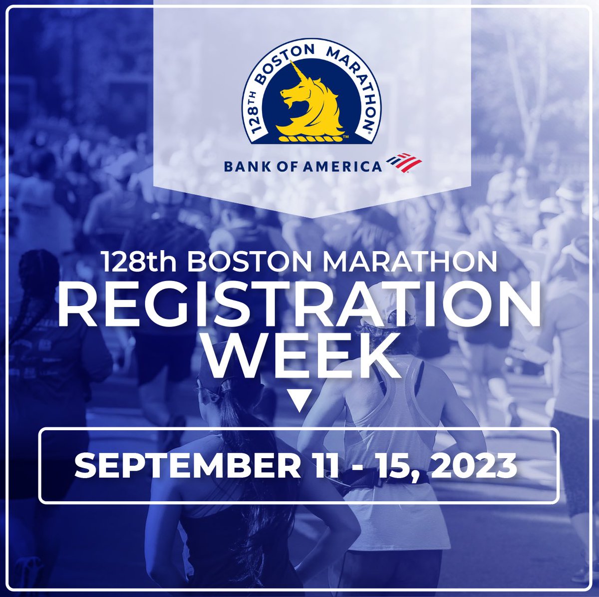 Mark Your Calendars! Registration Week for the 2024 #BostonMarathon presented by @BankofAmerica will be held September 11-15, 2023. 

🦄 Learn more at bstnmar.org/128BMRegWeek 

#Boston128