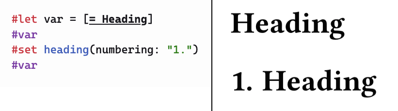 laurmaedje's tweet photo. @aspiwack @typstapp Just one small note (as a Typst dev): set does not just assign/preapply arguments, it also affects all content that was created *outside* of its scope, but put into its scope, as demonstrated by the example below. This makes styling composable. https://t.co/bfnPDFA4LS