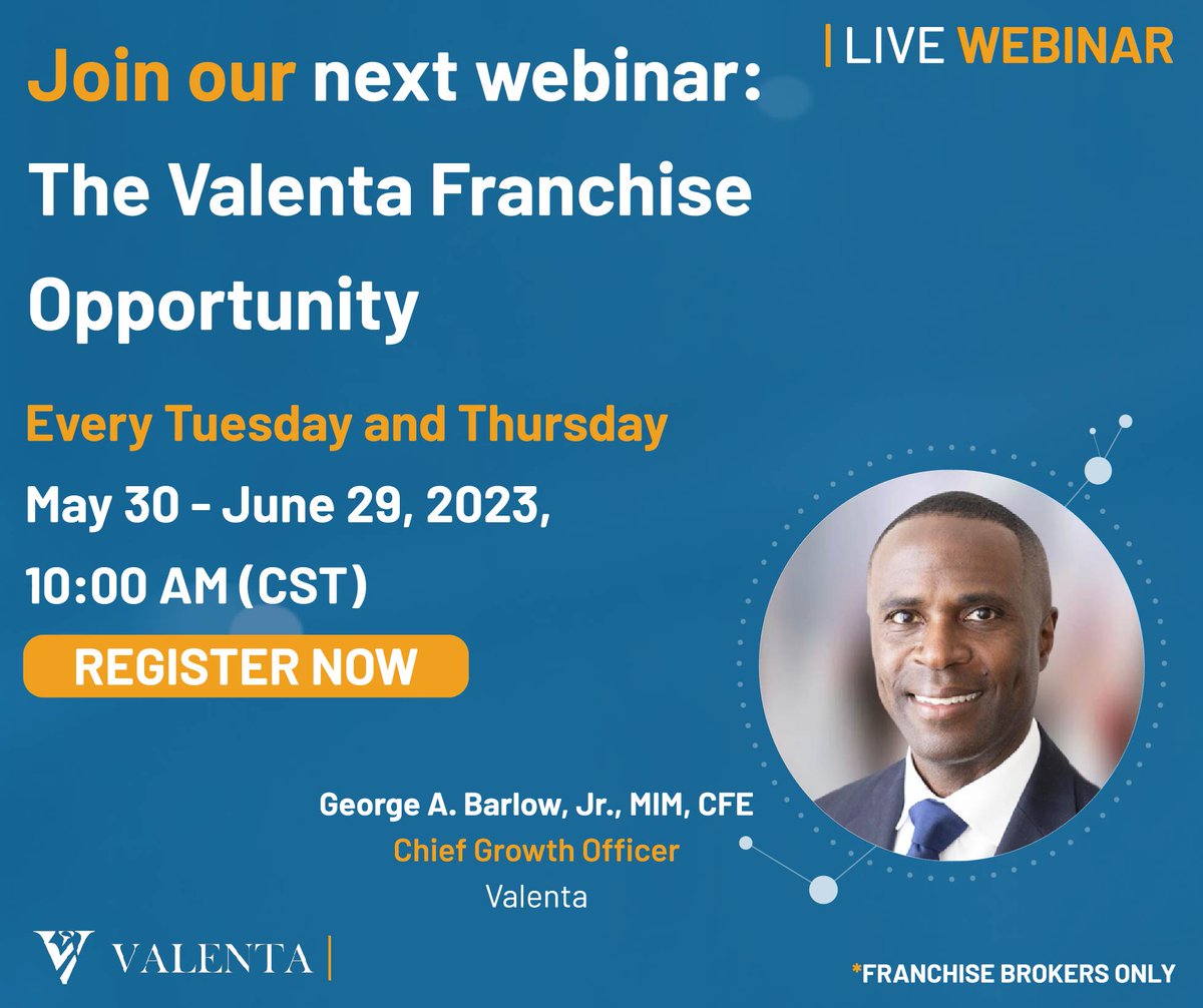 📣 Calling all franchise brokers!

Join us on June 6th and 8th at 10 a.m. CST for an educational webinar series on ‘The Valenta Franchise Opportunity’, hosted by George Barlow, our Chief Growth Officer. Register now zurl.co/NQXH

#franchisebrokers #franchiseopportunity