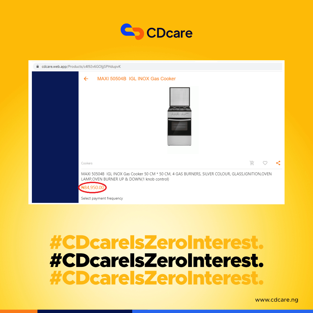 All items on the CDcare app are sold at normal market price when you compare our prices with leading Nigeria suppliers.

Visit cdcare.app/SignUp to start paying small small today

#CDcareIsZeroInterest #paysmallsmall #ZeroInterest #normalmarketprice #savetopaylater