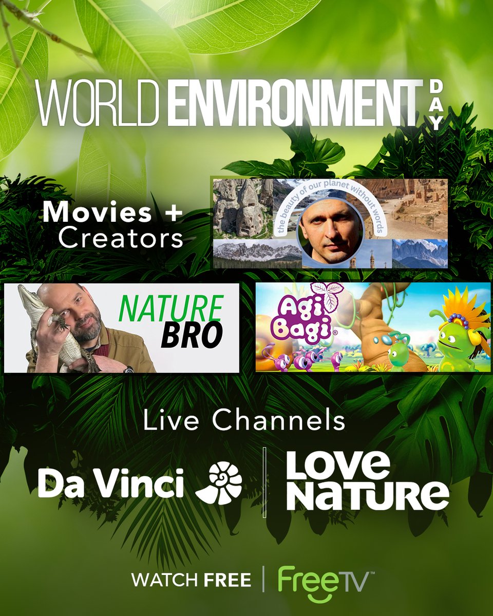 FreeTVapp_'s tweet photo. It's time to go green and show Mother Nature some TLC! Happy World Environment Day! 🌍💚 #WorldEnvironmentDay”

📺 Live Channels: 
🌱 @LoveNature  
🌱Da Vinci

🎞️Movies + Creators 
🌿Nature Bro 
🌿Amazing Places on our planet 
🌿Agi Bagi 
Streaming on #FreeTV🎬🎞️🍿 https://t.co/bWn1y6qNgN