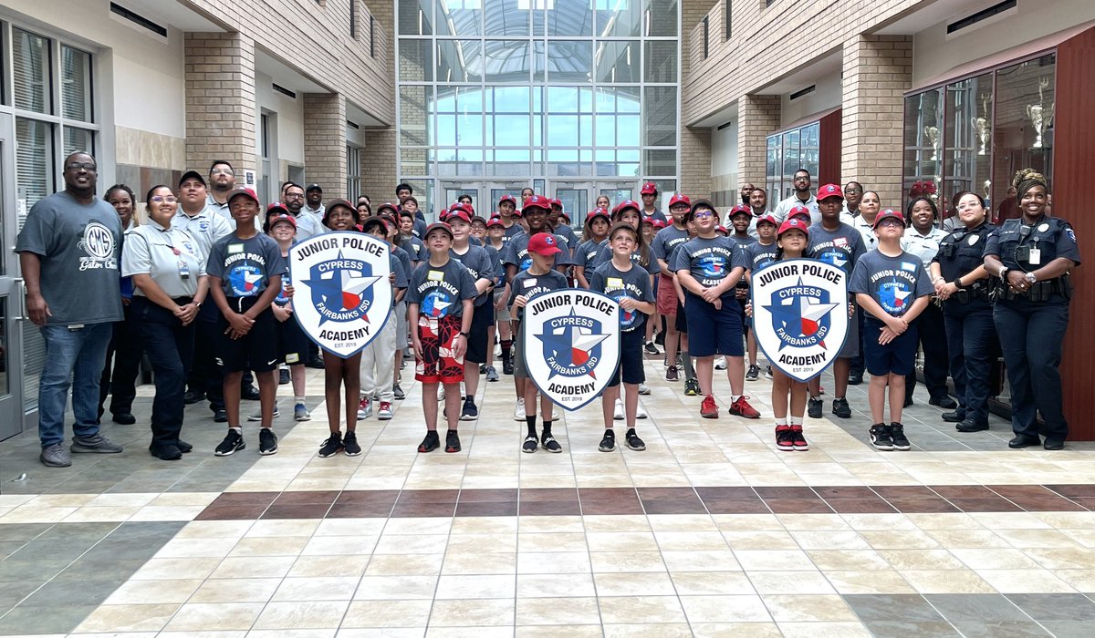 BrionesCFISD's tweet photo. The Cypress-Fairbanks ISD Police Department’s Junior Police Academy Camp, day 1! These young cadets are ready for some hands-on instruction through an introduction to Law Enforcement! #CFISDspirit @CyFairISD https://t.co/7d9L3ICYhf
