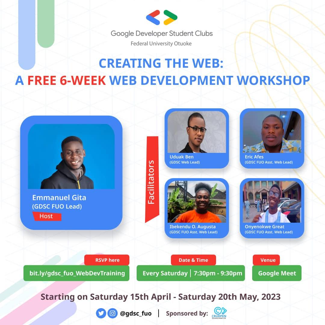 gdsc_fuo's tweet photo. Congrats to yet another successful meet of our  6 weeks virtual session by @gdsc_fuo &amp; also supported by @crudpen @googledevs
@googlestudents 
Sign-up : Click link on our profile
----
Also 👇🏼
Like ❤️ n' RT🔄  pls https://t.co/VUETmW9MED