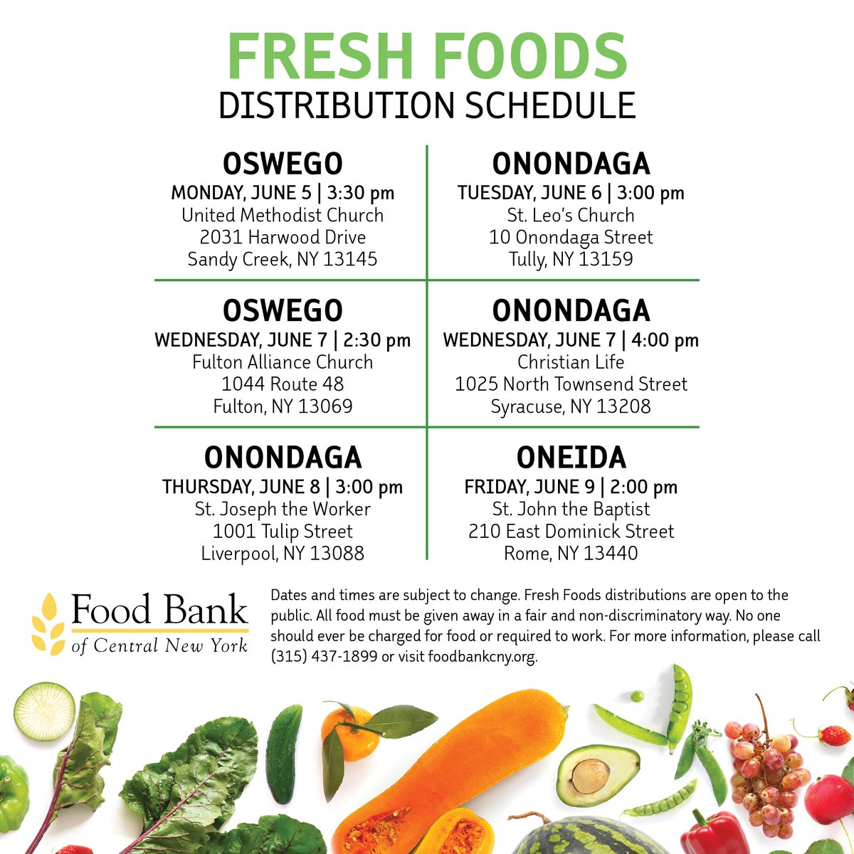 In need of fresh food items at no cost? We're here to help!
⁠
🚛: Our Mobile Food Pantry will be in #WestMonroe, #Syracuse, and #Moravia.⁠
⁠
🍎: Food Bank partner agencies are hosting distributions in #SandyCreek, #Tully, #Fulton, #Syracuse, #Liverpool, and #Rome.