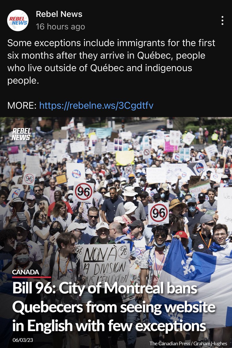 The Canadian province of Quebec, which is mainly French speaking and very anti English (lots of racism there too) has banned their citizens from viewing English websites after the introduction of Bill C96. Tyranny. 

#CanadaHasFallen