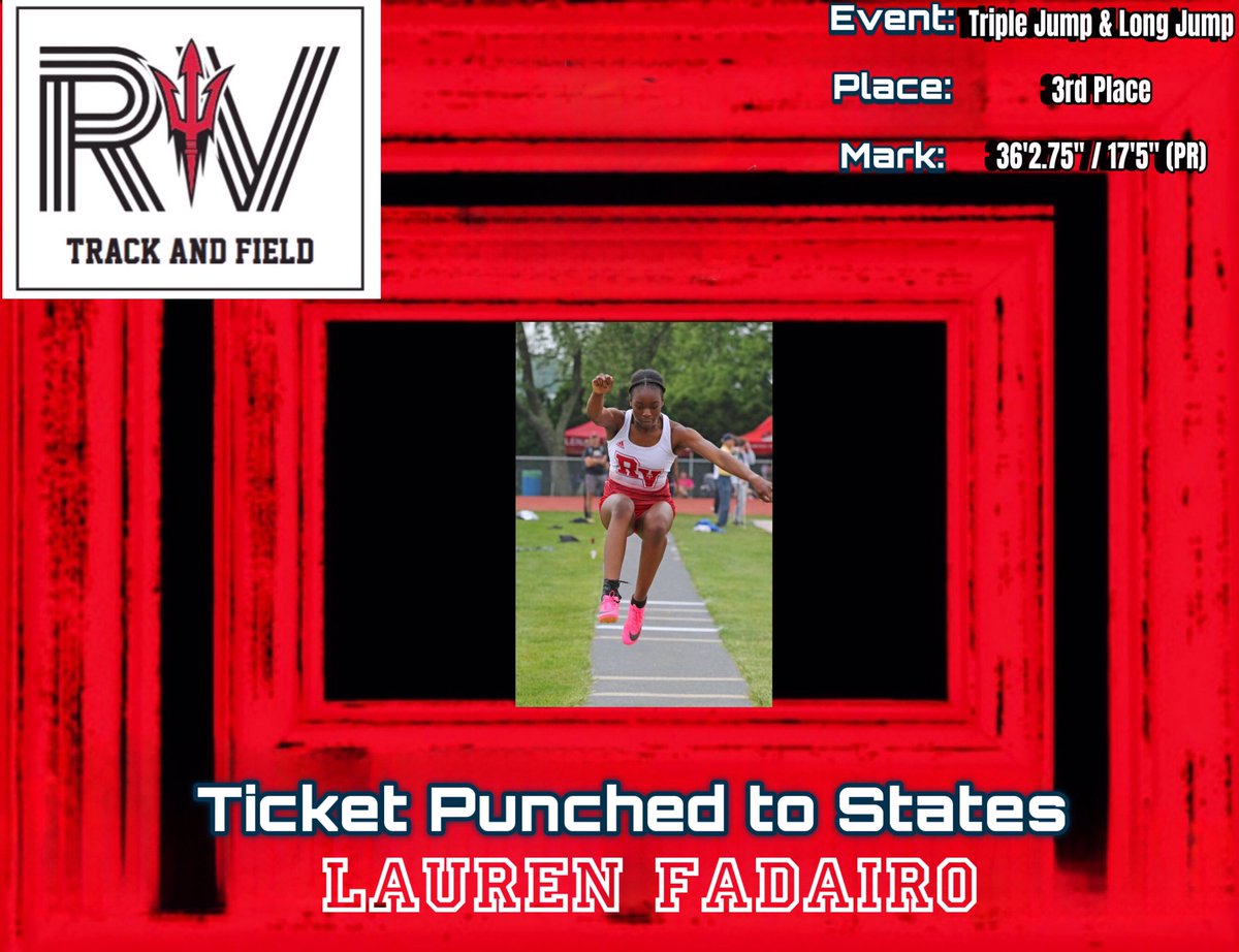 Congratulations to Lauren Fadairo on contributing 12 big points for our 3rd Place SJ Group 4 Sectional Championship team. Way to step up in the finals and guarantee yourself another weekend of competition.

Long Jump - 🥉
Triple Jump - 🥉

#RedDevilNation