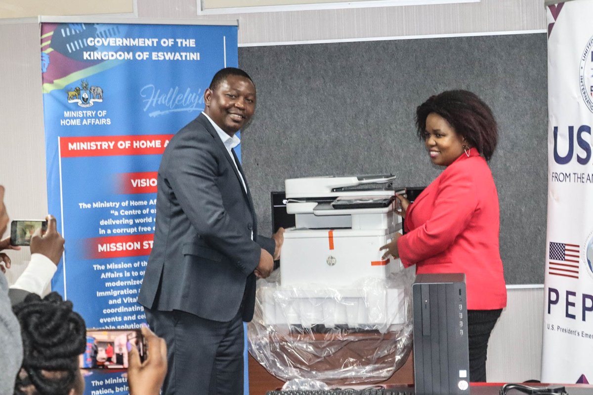 PEswatini's tweet photo. Earlier today, Pact Eswatini, supported by USAID, visited the ministry of home affairs to present the ministry with equipment worth over E200 000 to facilitate child birth registration. The equipment included laptops, furniture, and printers. https://t.co/OBEQzaz2Xu