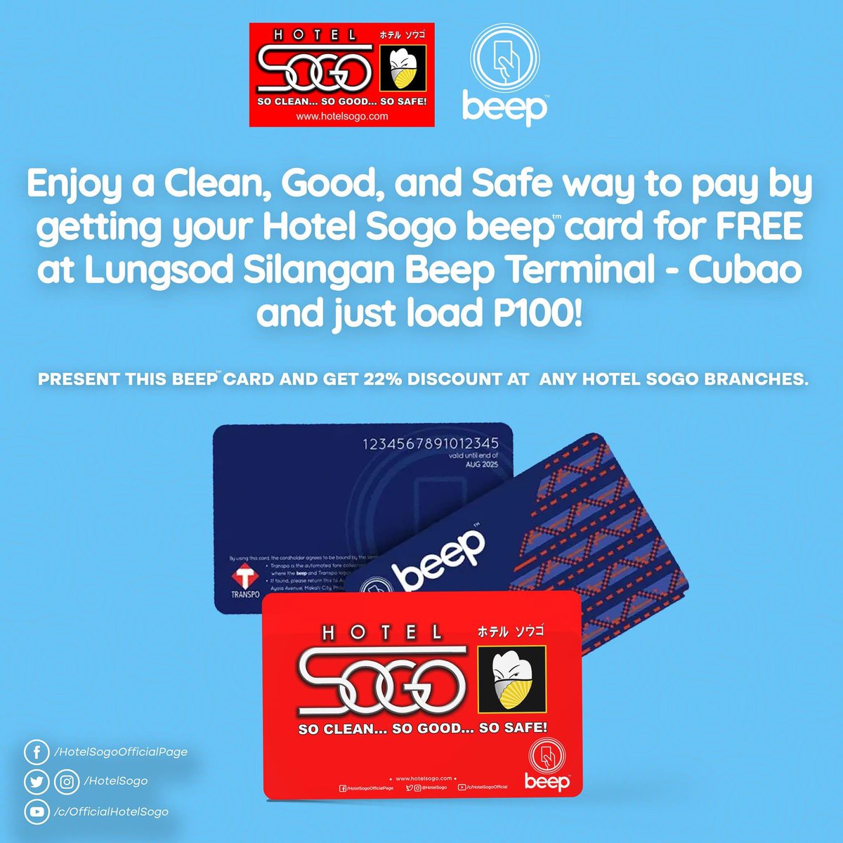 HotelSogo's tweet photo. This is your another chance to get the Hotel Sogo Beep Card for FREE. 

Just load ₱100 at Lungsod Silangan Beep Terminal - Cubao (near Dela Rosa Bus Terminal Aurora Blvd.) on June 6, 2023 at 3:00PM.
See you there!

#HotelSogo 
#HotelSogoBeepCard
#SoCleanSoGoodSoSafe https://t.co/z5Ld7MT4sA