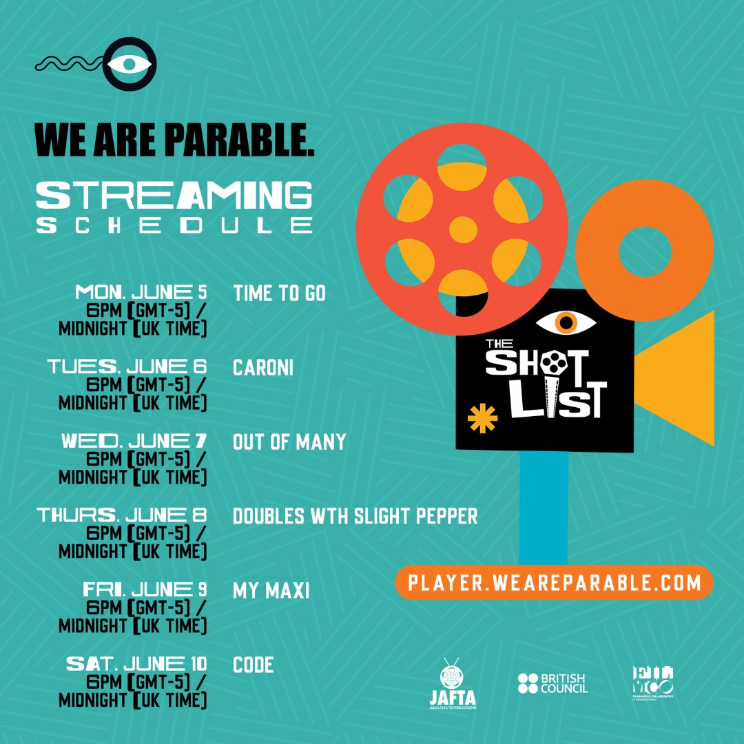 Watch some incredible shorts from The Shot List 2023🇯🇲 on player.weareparable.com this week!

1 film a day, free to view for 24 hrs 🙌🏿<a href="/jaftaonline/">Jamaica Film and Television Association (JAFTA)</a> <a href="/FILMCO_tt/">FILMCO</a> <a href="/BritishCouncil/">British Council</a> starting with 'Time To Go' 

Based in Jamaica or Trinidad and Tobago? Watch from 6pm [GMT-5]

More info 👇🏿