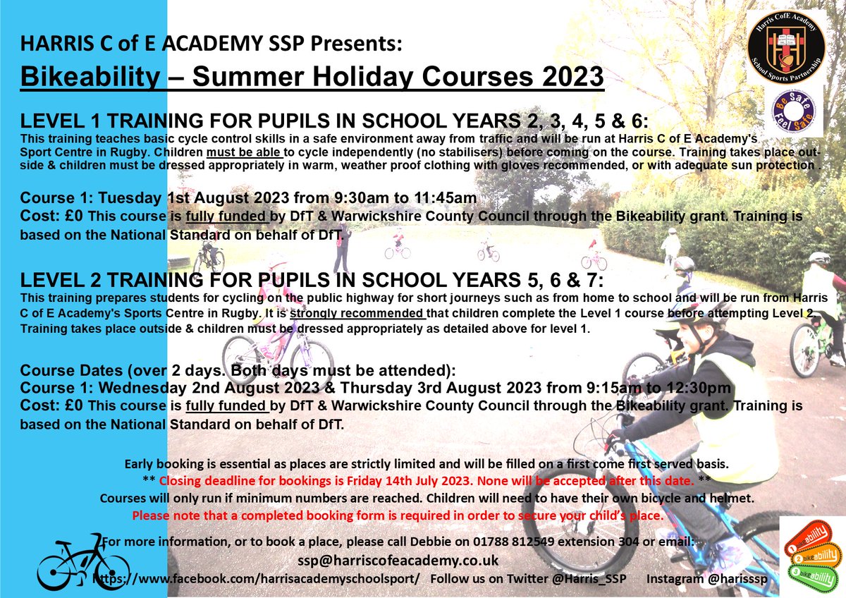 Harris_SSP's tweet photo. We are taking bookings for our summer #Bikeability courses. Please email ssp@harriscofeacademy.co.uk to book a place.
#cycletraining #cyclingproficiency #RoadSafety
@WarksRoadSafety https://t.co/KhnIBzMEAi