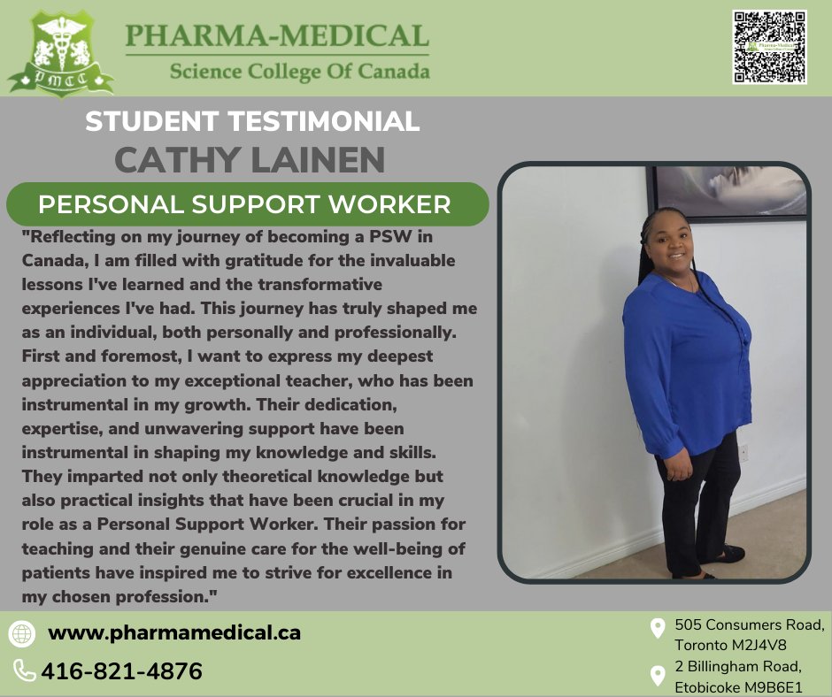 Cathy's experience at @pharmamedicalsciencecollege has helped been wonderful. 
.
.
.
.
#personalsupportworker #psw #pswtoronto #pswcareer #healthcareworkers #healthcarecourse #pmcc #canadacourses #torontopsw #toronto #torontocommunity #torontoschool #personalsupportworkerstudent
