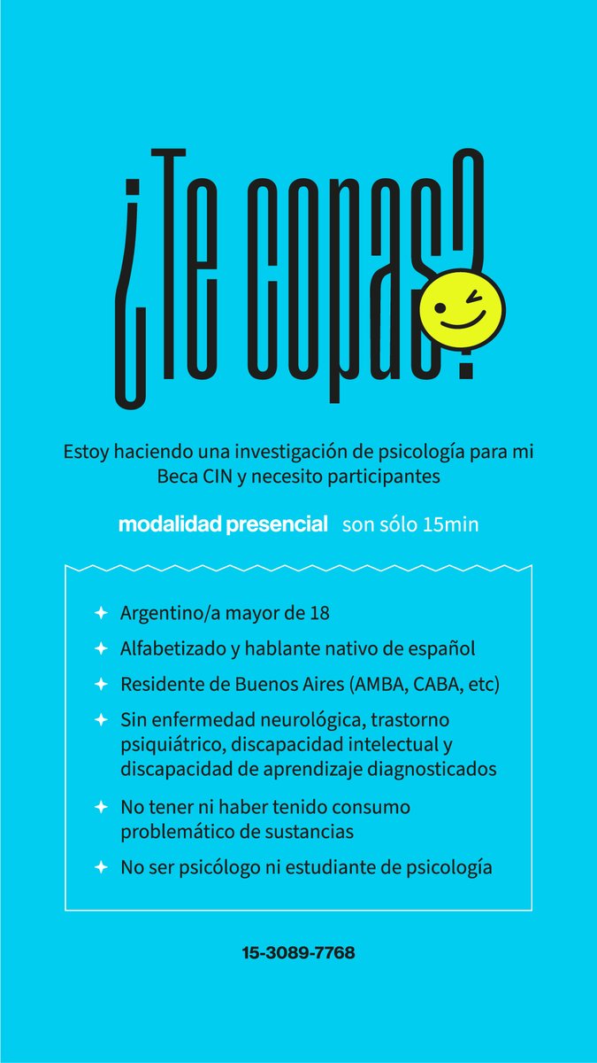 🤓Se buscan participantes para una investigación:

Mi becaria CIN está reclutando a personas adultas que vivan en CABA o Gran Buenos Aires para tomarles unas breves pruebitas (no más de 15 min presenciales).

👇