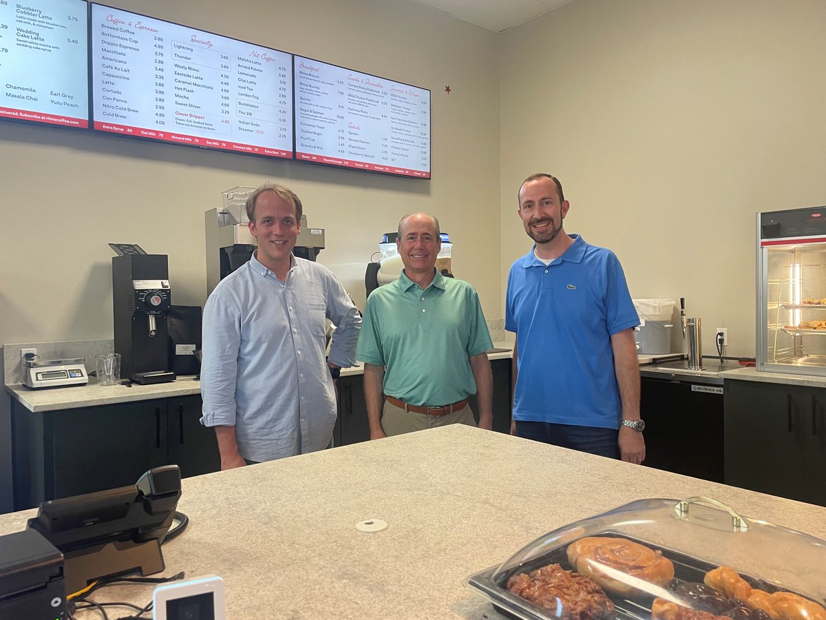 It's an exciting morning for Caddo Parish as Rhino Coffee opens its third location, which also serves Southern Maid Donuts! Our President &amp; CEO, Justyn Dixon (center), stopped by this morning to show support for NLEP investors Grant Nuckolls (right) and Andrew Crawford (left).