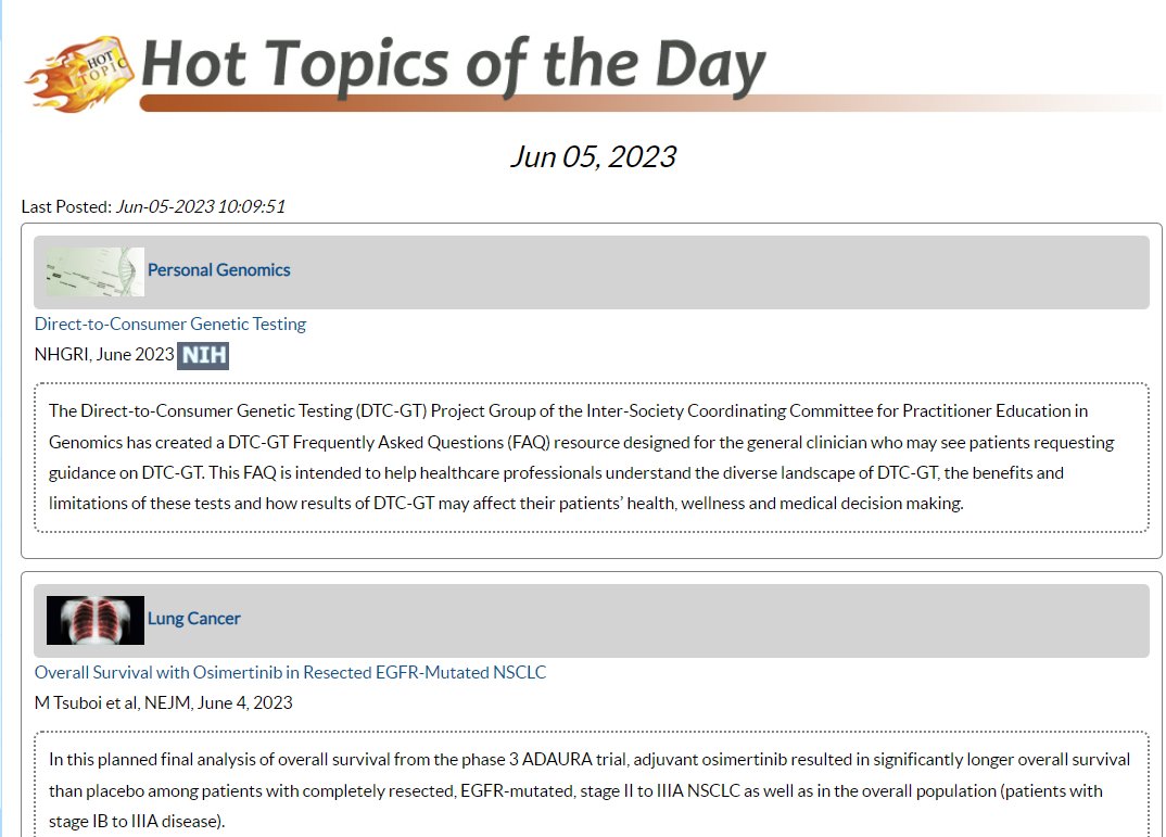 Our Genomics and Precision Health Hot Topics of the Day include direct to consumer genetic testing, AI in health care, rare diseases, cancer immunotherapy and more. #medgened23 #PHGKB phgkb.cdc.gov/PHGKB/phgHome.…