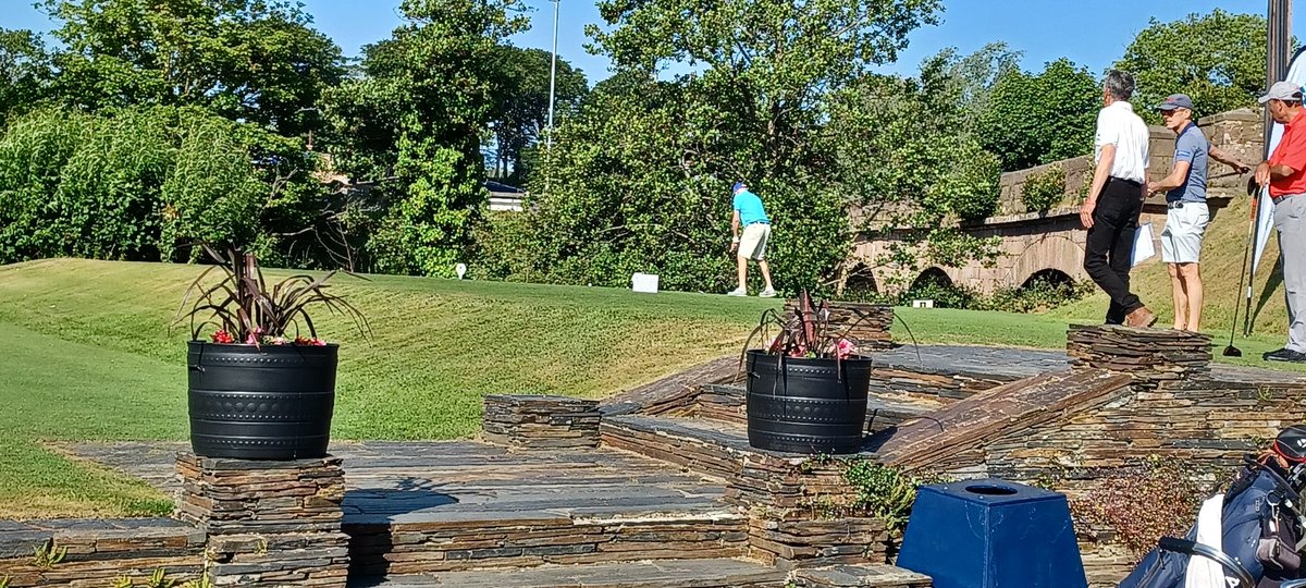 Superb weather for the first day of Causeway Coast Golf.
On the first tee at Ballycastle.
