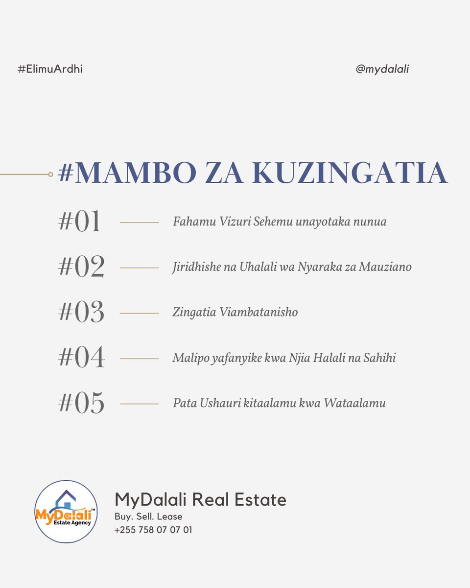 MyDalali's tweet photo. Mambo ya Kuzingatia unapotaka kununua kiwanja...

#InvestmentProperty #HomeBuyer #HomeSeller #RealtorLife #RealEstateAgent #PropertyInvestment #HomeDecor #InteriorDesign #HomeRenovation #MovingDay #FirstTimeHomeBuyer #HomeOwnership #HomeInspiration #HomeImprovement https://t.co/ta5dnNWTem