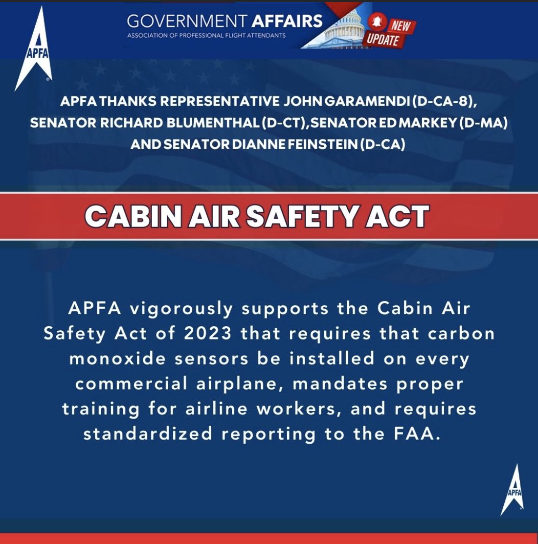 Thank you, <a href="/RepGaramendi/">John Garamendi</a> , <a href="/SenBlumenthal/">Richard Blumenthal</a>, <a href="/SenMarkey/">Ed Markey</a>, and <a href="/SenFeinstein/">Senator Dianne Feinstein</a>  for your tireless efforts to keep flight crew and passengers safe.” -Julie Hedrick, National President, Association of Professional Flight Attendants #1u