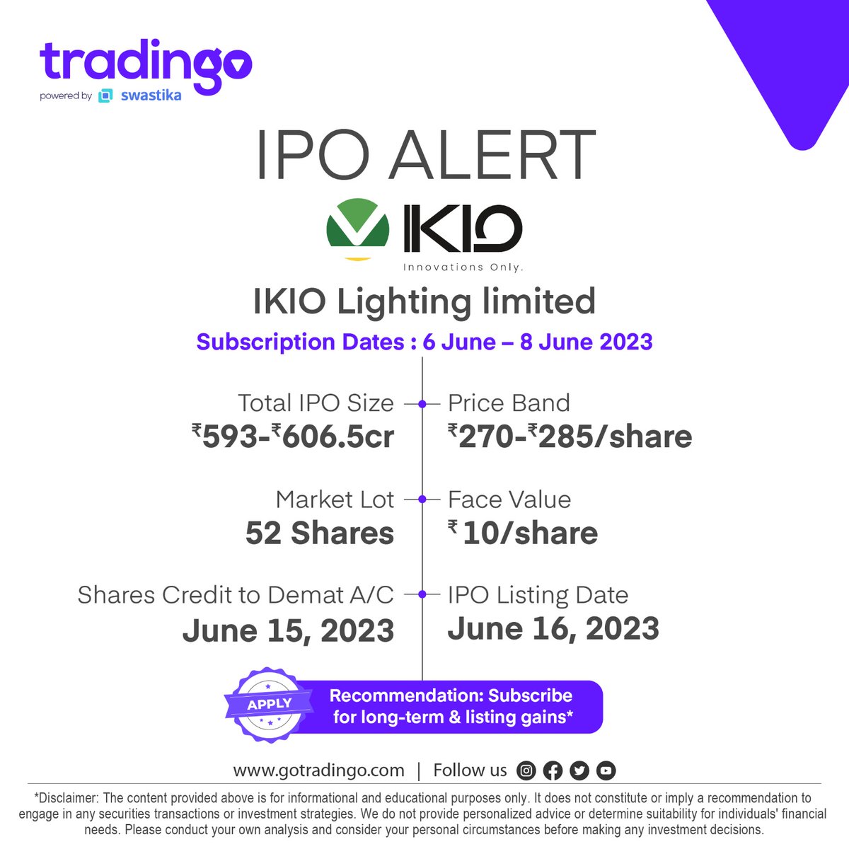 IPO Alert : IKIO Lighting Limited IPO 

Click kyc.gotradingo.com/customer/login
To open a Demat and Trading Account 

Connect with us :
📞 (+91)9667658800
📧 helpdek@gotradingo.com 

#IPOAlert #InvestmentOpportunity #IPOInvesting #StockMarket #InitialPublicOffering