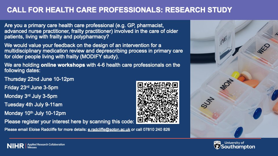 We need your help if you are a health professional caring for older people with frailty and polypharmacy.. @EloiseRadcliffe & @DrKindaIbrahim are holding workshops online to improve care. Click on this link if you want to help:
tinyurl.com/modifystudy