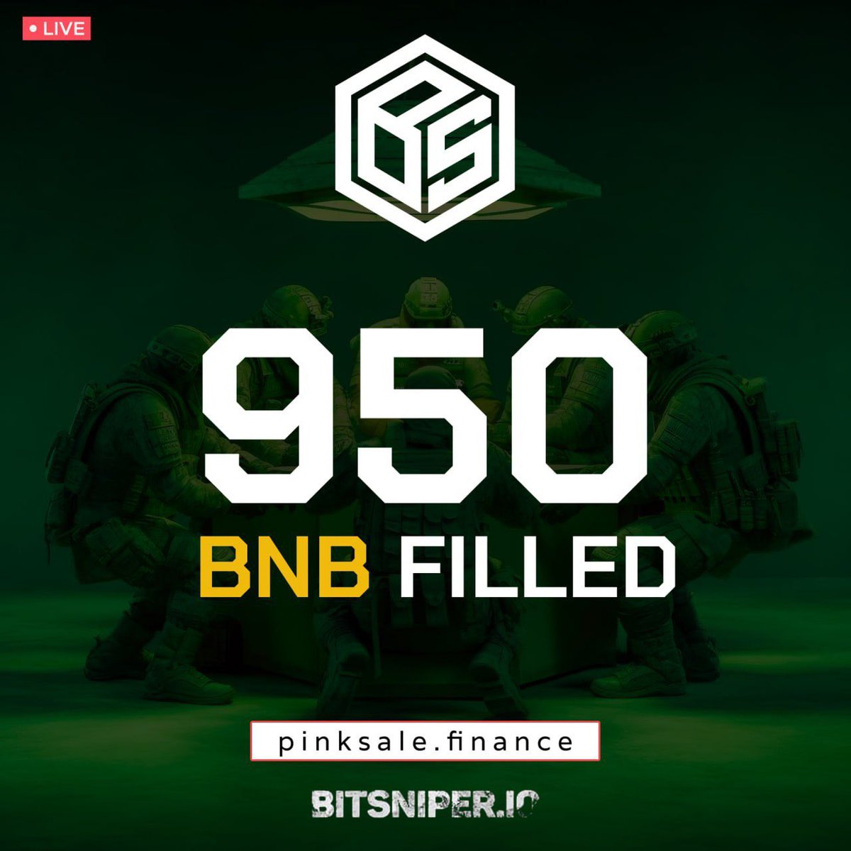 😍The BitSniper community managed to raise 950BNB+ on PinkSale with over 2100 contributors!📈

🤯Only 26 hours remaining. Do not miss out.

Keep up the great work Snipers.🧠😍

🚀Fair Launch : pinksale.finance/launchpad/0xae…