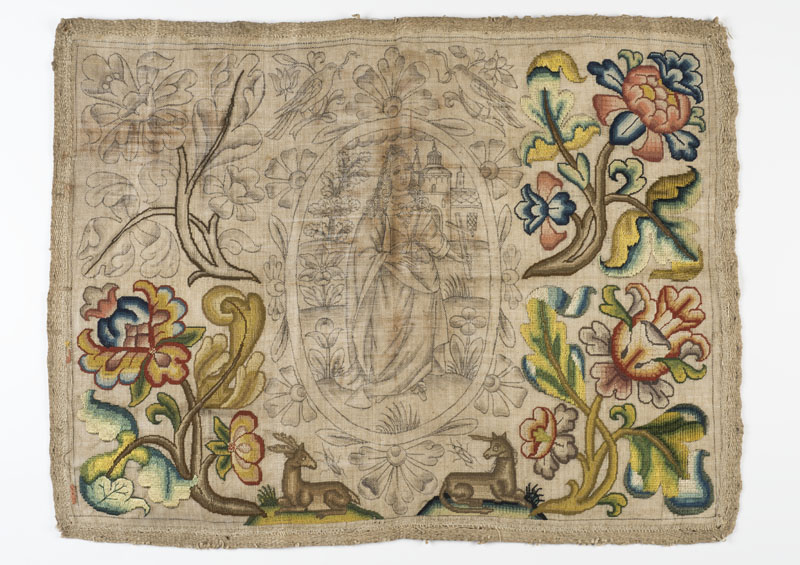 JustHistoryPost's tweet image. An unfinished needlework panel, made in London 1661-1666 and said to have been rescued from a house in Cheapside during the Great Fire of London. The piece of linen has been drawn upon to mark out a design which was begun in colourful silk thread, Faith in the middle #embroidery