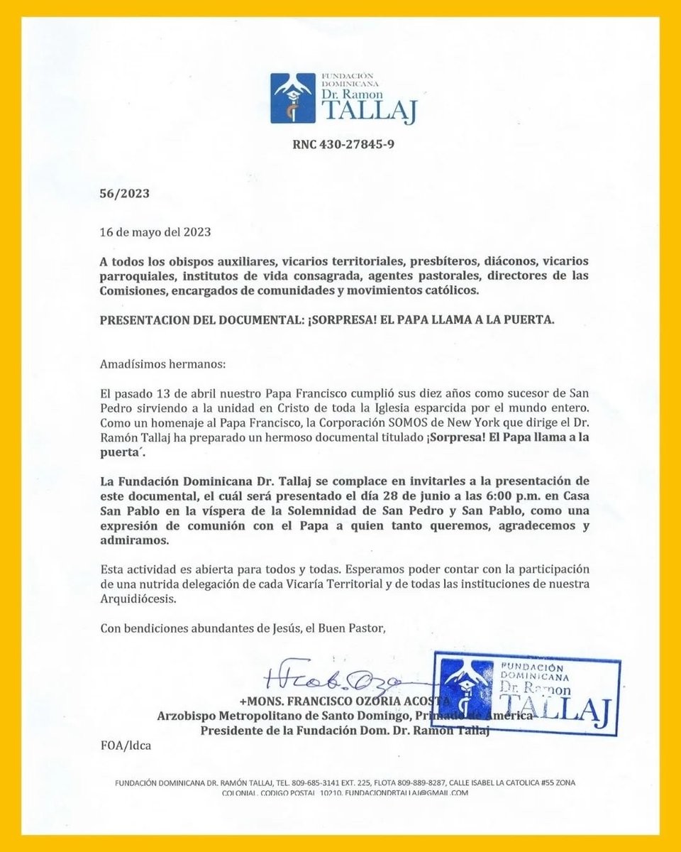 funbicrefa's tweet image. Mons. Francisco Ozorio invita al documental “¡Sorpresa! el Papa llama a la puerta”.
Tráiler: youtu.be/xnp7FnALRQY
🗓️ 28 de Junio/ 6:00pm.
🏢 Auditorio Casa San Pablo 
📝 Regístrate en eventbrite.com/e/entradas-exh…
Gratis - Cupo limitado
Invitan: @DrTallaj @Televida @romereportsesp