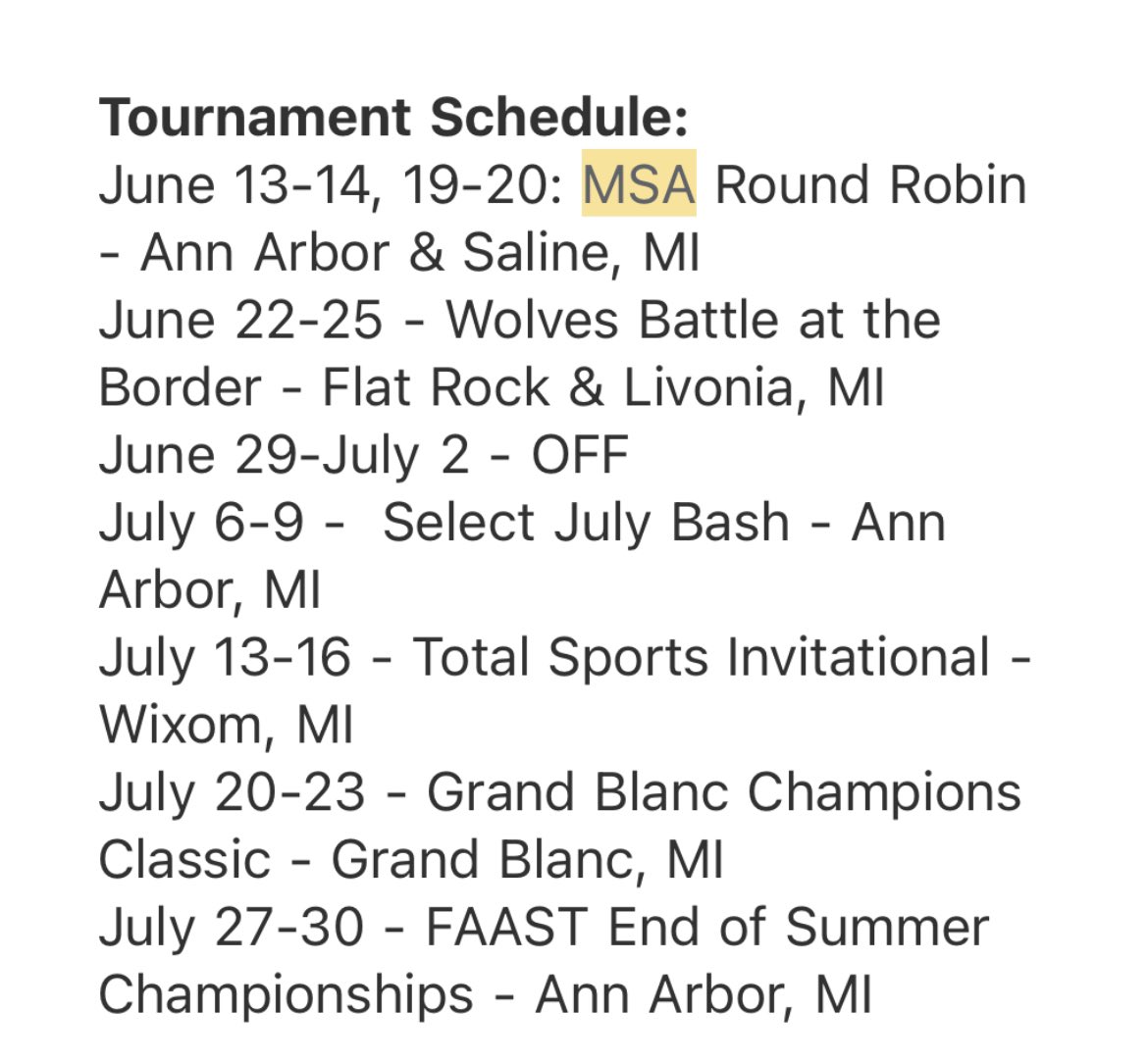 Current Tournament Schedule will update with any changes.