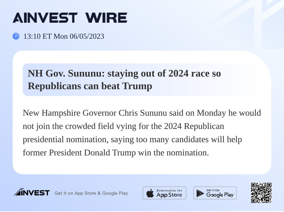 NH Gov. Sununu: staying out of 2024 race so Republicans can beat Trump
#AInvest #Ainvest_Wire #ElectionDay #Election2022 #Midterms2022
View more: bit.ly/3X4l0XC