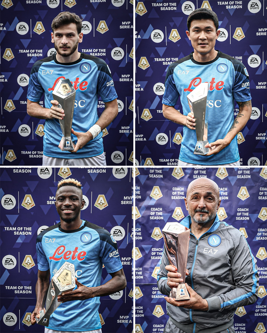 Napoli Dominates Serie A's season awards🏅🏅🏅🏅

MVP: Khvicha Kvaratskhelia🥇
Best defender: Kim Min-jae🛡️
Best striker: Victor Osimhen⚽️
Best Coach: Luciano Spalletti🧠