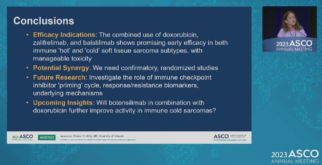 🔬 Insightful session by Dr. Wilky exploring the possible role of doxorubicin + CTLA-4i + PD-1i  in treating advanced/metastatic STS 🎯. Showing promising early efficacy in both immune hot/cold STS subtypes. Laying the groundwork for future research 🚀💡 #ESMO23 @breelynwilkyMD