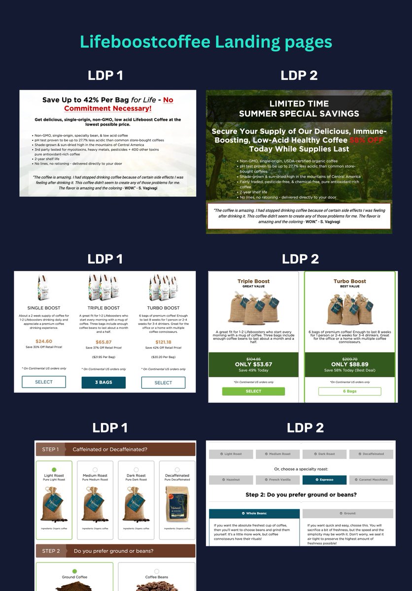Before running small A/B tests, you should try AB testing 2 radically different landing pages

You might get very surprising results

That's what Lifeboostcoffee does

Almost everything changes:
-Page length (Short/long)
-Price &amp; Offer
-UX/Visuals
-Product images
-Copy &amp; Angle
