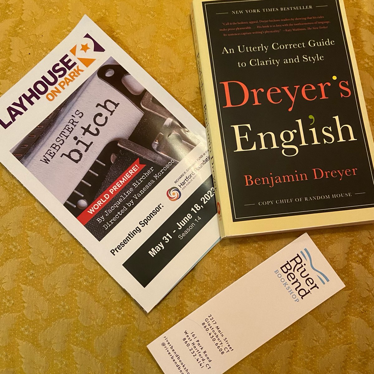 Saw the premiere of Jacqueline Bircher's play Webster's Bitch about gender dynamics—in the office and in word usage—among a group of lexicographers. &amp; got to support the local <a href="/RBBookshop/">River Bend Bookshop</a> and <a href="/PlayhouseOnPark/">Playhouse on Park</a> when I (finally) picked up a copy of @BCDreyer 's English in the lobby!