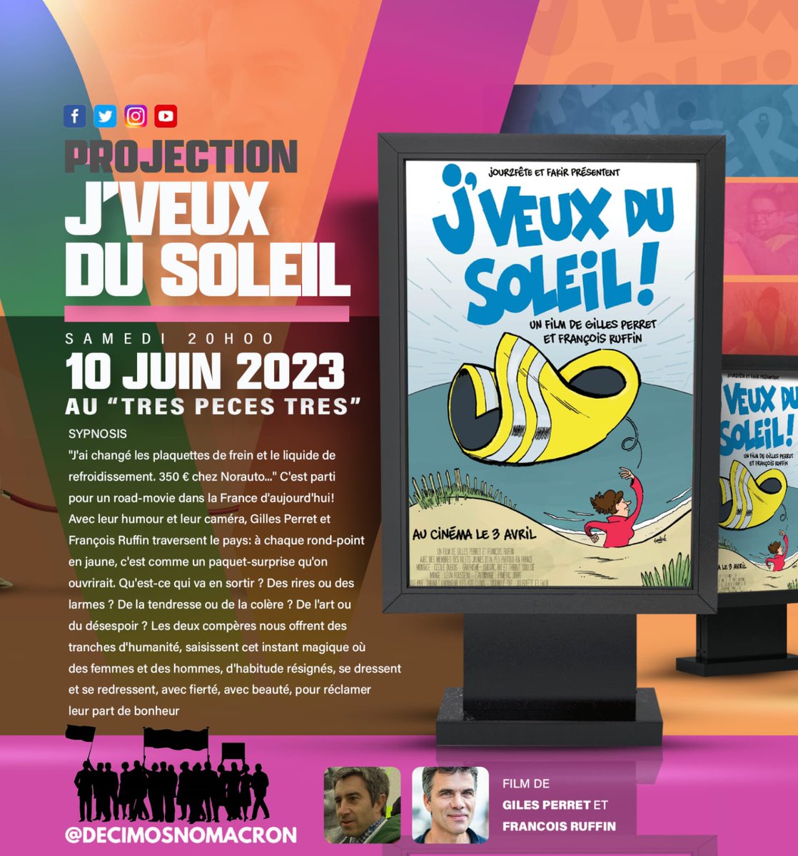3peces3's tweet photo. El sábado 10 de junio a las 20h en 3peces3 veremos “J’veux du soleil” de Gilles Perret y François Ruffin, sobre el movimiento de los chalecos amarillos. Un encuentro abierto para decir #NonALaReformeDesRetraites en apoyo al movimiento social francés  💪💥🌍
(cc @DecimosNoMacron) https://t.co/BMUVhXTmOl