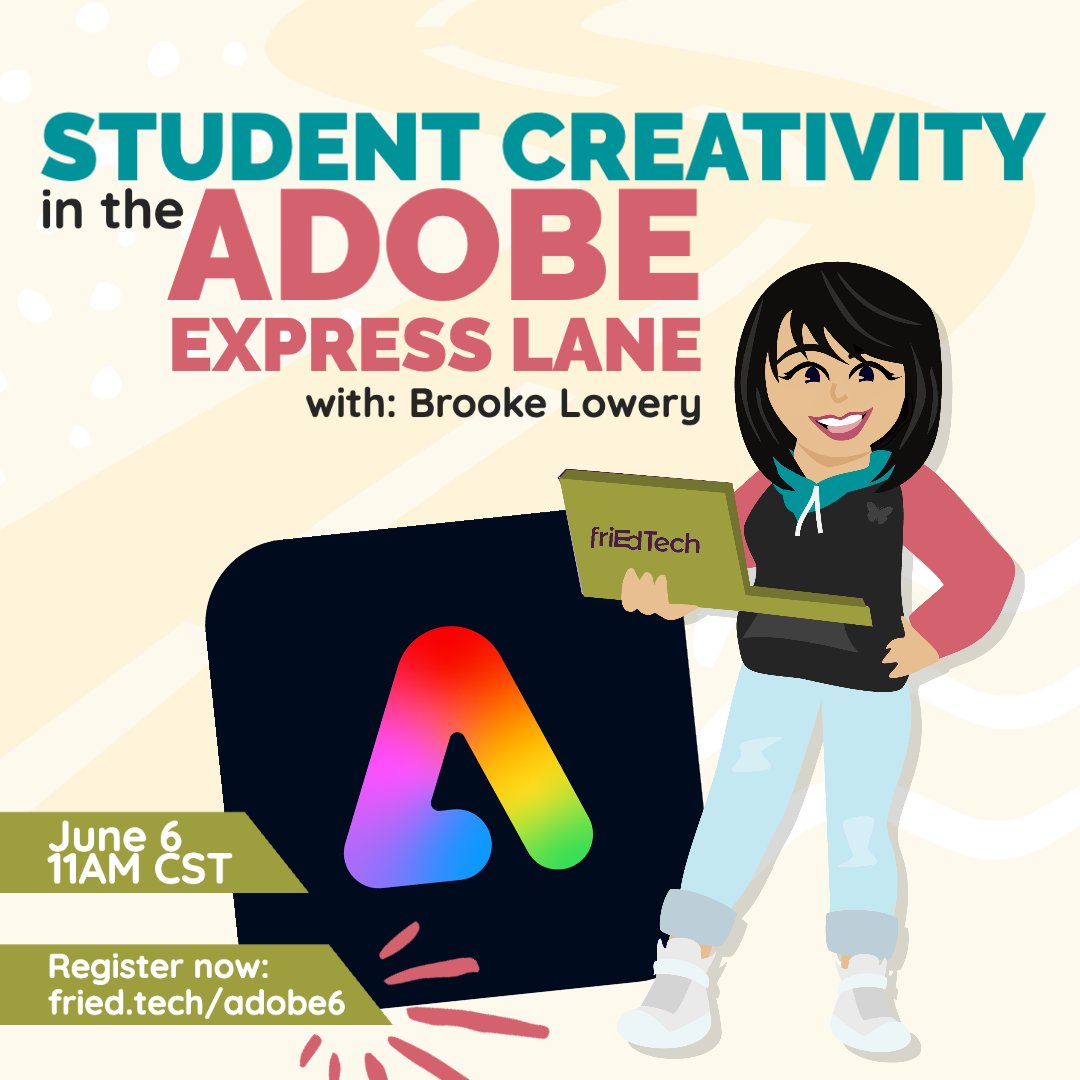 friEdTechnology's tweet photo. 📣 Hey #friEdFam! We’re competing to have the MOST attendees in our FREE webinar tomorrow, June 6th at 11am CST! You’ll learn how to easily create amazing graphics, collages, & flyers using #AdobeExpress! Don't miss out, register now! 👉 https://t.co/VmMgAwfFxH #AdobeEduCreative https://t.co/ONXr0LJLES