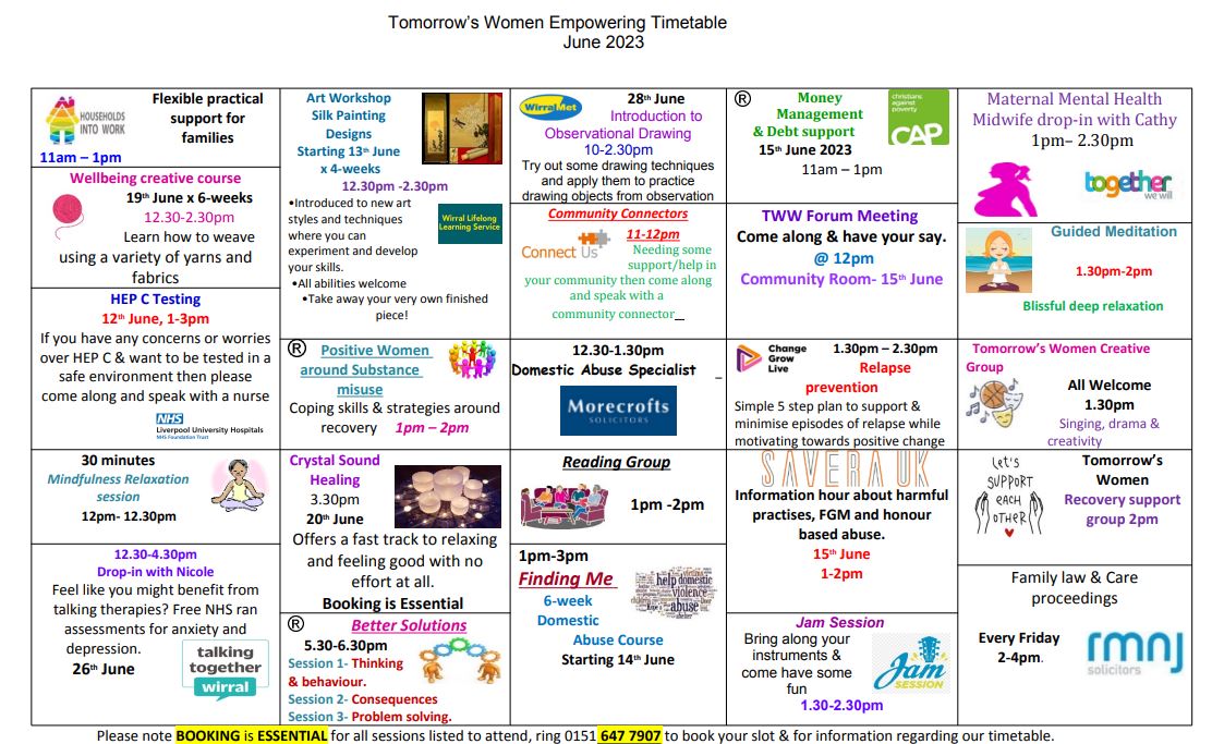 Here is the June timetable from @TomorrowsWomen , there are so many brilliant activities/projects available! #supportinwirral