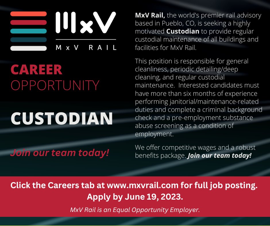 We’re seeking a Custodian to join our team at <a href="/WeAreMxVRail/">MxV Rail</a>. Join our team and apply today! The deadline to apply is June 19. #hiringnow #wearemxvrail #careeropportunities ow.ly/GMrI50LksPm