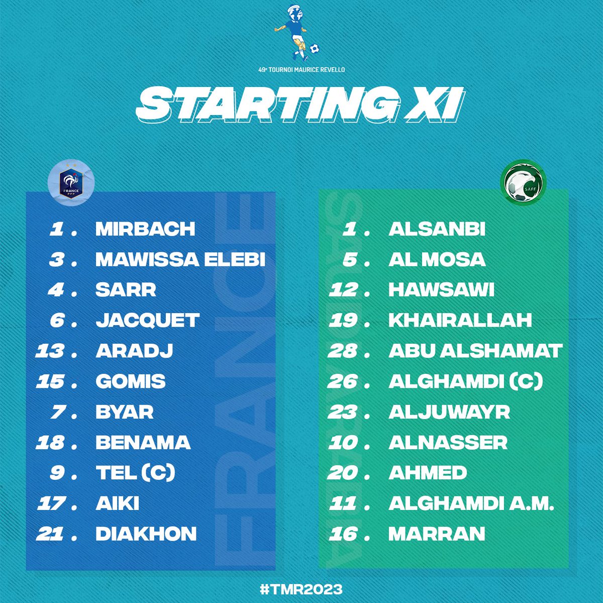 Tournoi Maurice Revello (@tournoimrevello) on Twitter photo 📋 𝗦𝗧𝗔𝗥𝗧𝗜𝗡𝗚 𝗫𝗜
🇫🇷 France x Arabie Saoudite 🇸🇦
⏱ 5.30pm / 🏟 Ville d'Aubagne
<a href="/equipedefrance/">Equipe de France ⭐⭐</a> <a href="/SaudiNT/">المنتخب السعودي</a>
#FRAKSA #TMR2023 📋 𝗦𝗧𝗔𝗥𝗧𝗜𝗡𝗚 𝗫𝗜
🇫🇷 France x Arabie Saoudite 🇸🇦
⏱ 5.30pm / 🏟 Ville d'Aubagne
<a href="/equipedefrance/">Equipe de France ⭐⭐</a> <a href="/SaudiNT/">المنتخب السعودي</a>
#FRAKSA #TMR2023