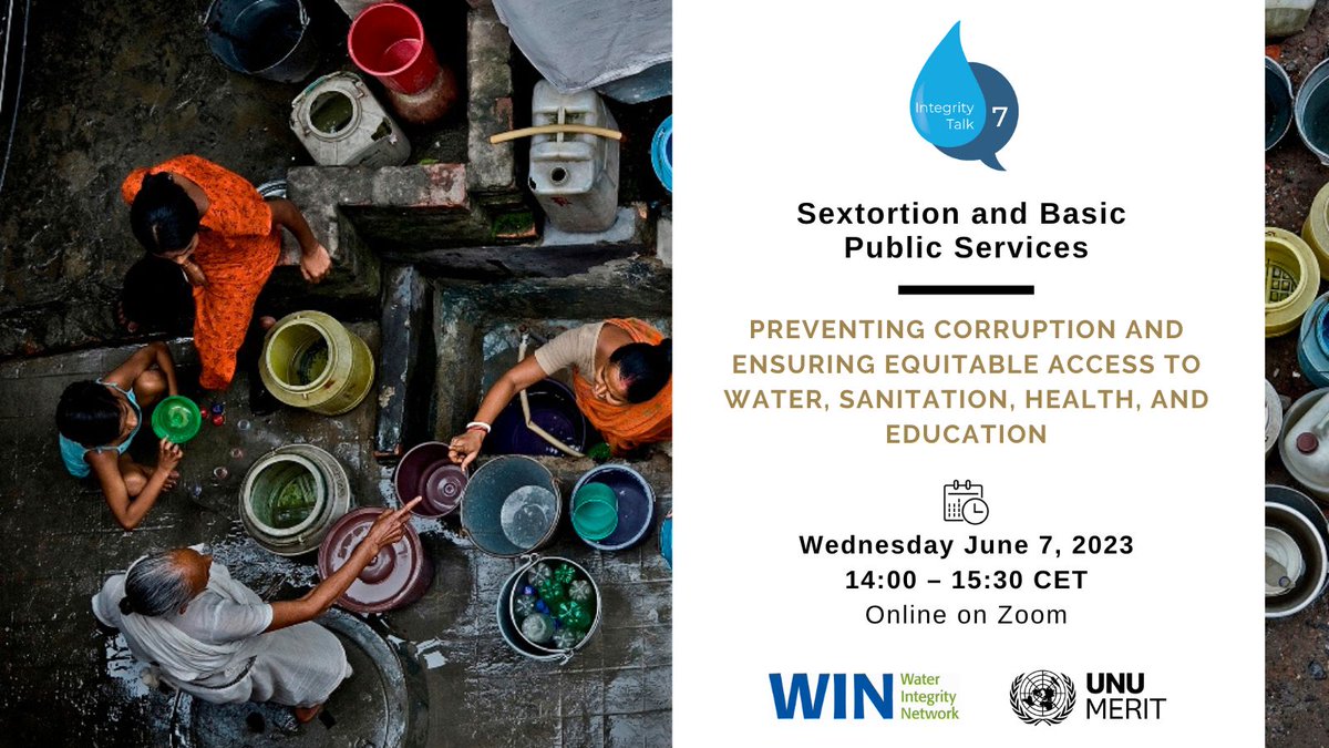 United Nations University - MERIT (@unumerit) on Twitter photo 🫧 From water to health and education, "sextortion" has a range of impacts on human lives and #humanrights. Hear from our researcher <a href="/OrtrunMerkle/">Ortrun Merkle</a> in this Water Integrity Talk upcoming this Wednesday, 7 June.
▶️Join here: bit.ly/3WNmKFB 🫧 From water to health and education, "sextortion" has a range of impacts on human lives and #humanrights. Hear from our researcher <a href="/OrtrunMerkle/">Ortrun Merkle</a> in this Water Integrity Talk upcoming this Wednesday, 7 June.
▶️Join here: bit.ly/3WNmKFB