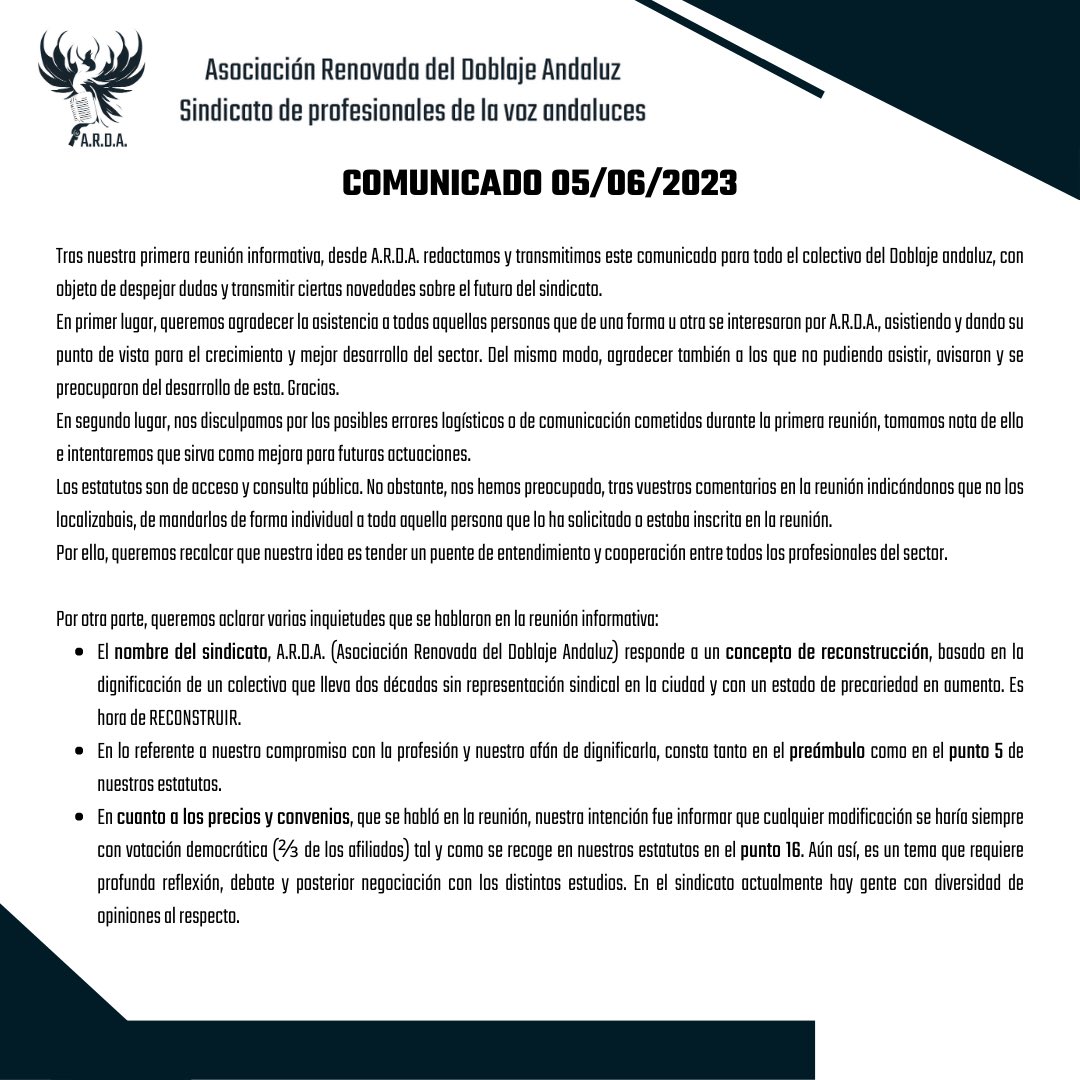 ardadoblaje's tweet image. COMUNICADO OFICIAL DEL SINDICATO A.R.D.A.