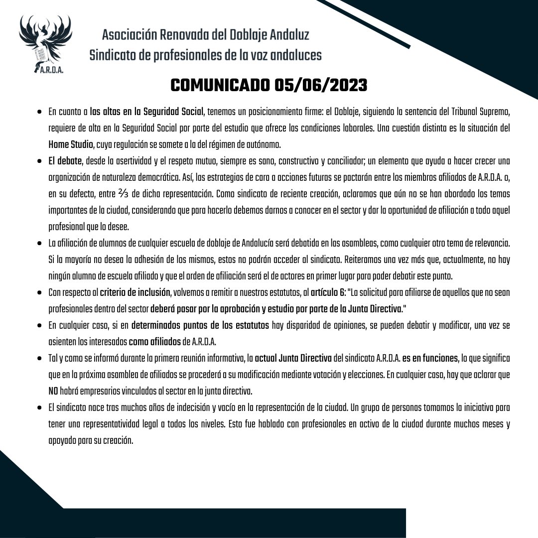 ardadoblaje's tweet image. COMUNICADO OFICIAL DEL SINDICATO A.R.D.A.
