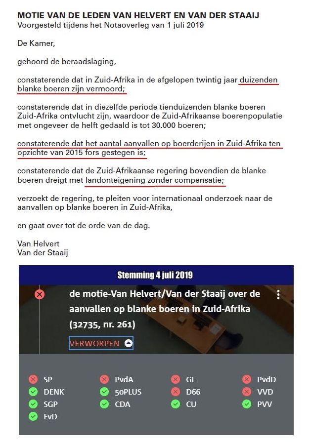 @SimoneKerseboom @JoostNiemoller @LSchreinemacher De moorden op blanke boeren in Zuid-Afrika wordt niet alleen door de Nederlandse media genegeerd, maar ook een meerderheid van linkse Tweede Kamerleden - gesteund door de VVD - hebben op 4 juli 2019 al besloten hiervan hardnekkig te blijven wegkijken.