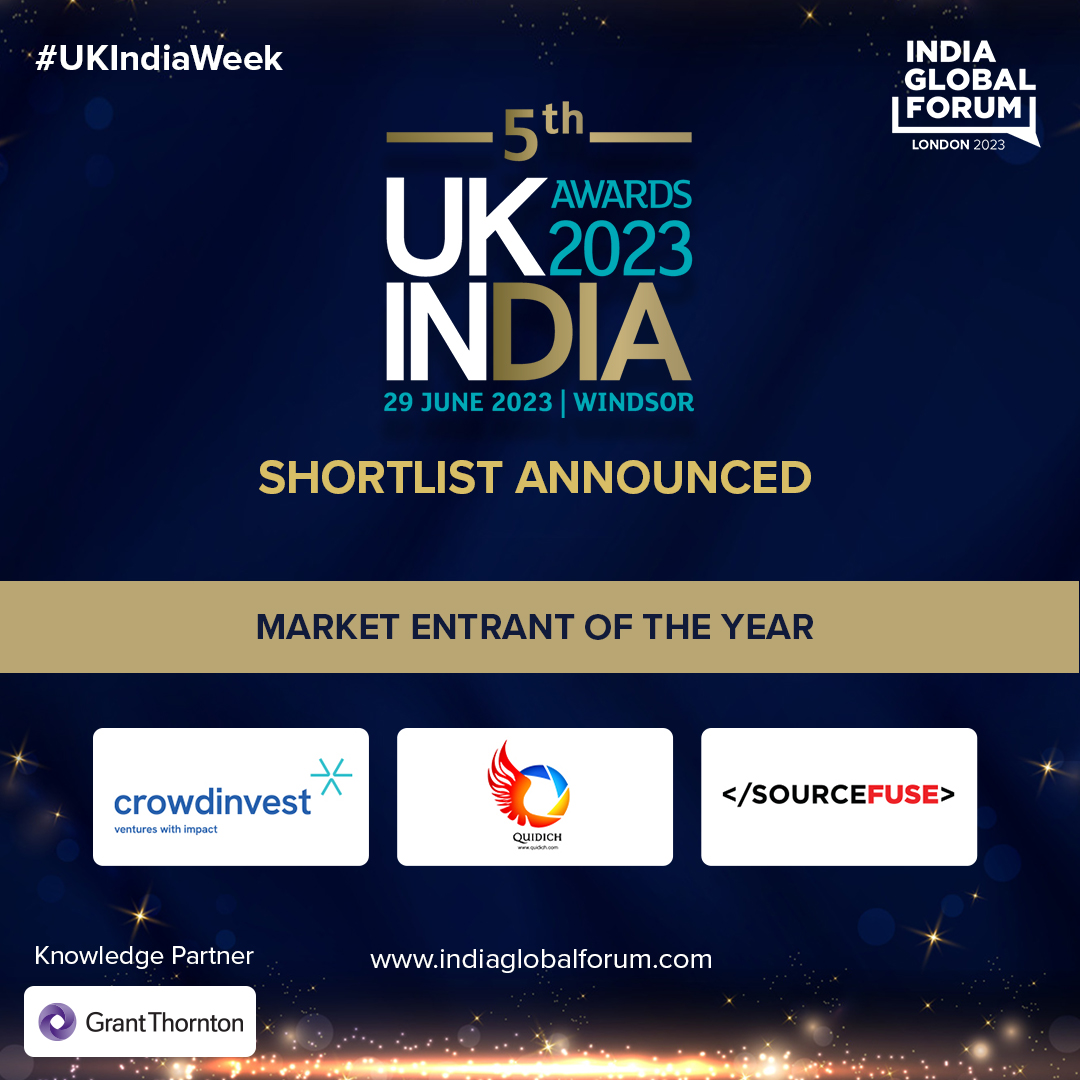 Exciting news! Here are the #UKIndiaAwards 2023 shortlisted nominees for the Market Entrant of the Year Category: @crowdinvestnow, @SourceFuse, @QuidichIndia Stay tuned! indiaglobalforum.com/Leading-with-P… #JobCreation #Innovation #UKIndiaAwards