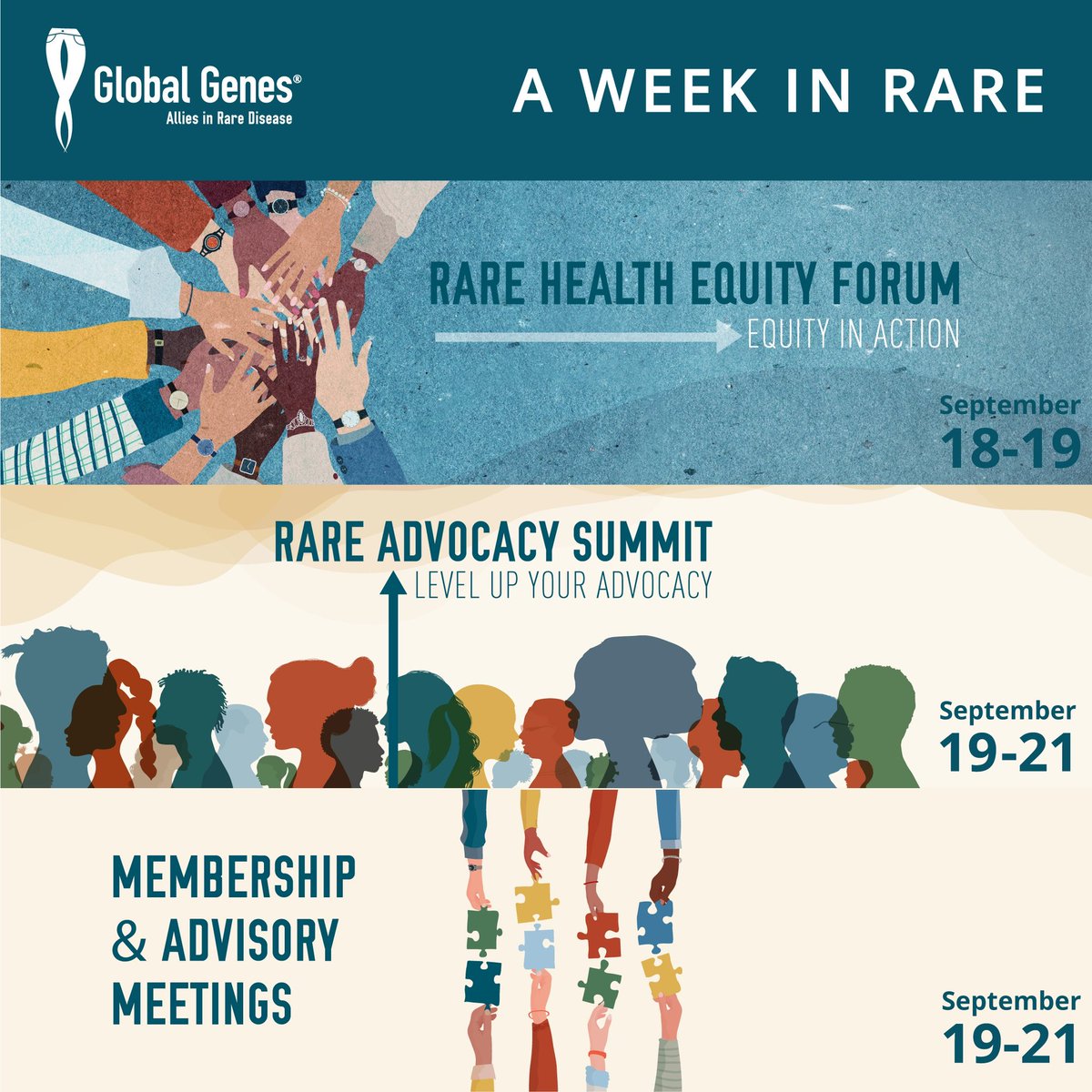 Register to attend Week In RARE, Sept. 18-21! This 4 day event will feature the RARE Health Equity Forum (formerly Health Equity Summit), the RARE Advocacy Summit (formerly RARE Patient Advocacy Summit), and the RARE Champions of Hope awards. Register: go.globalgenes.org/WiR-tw