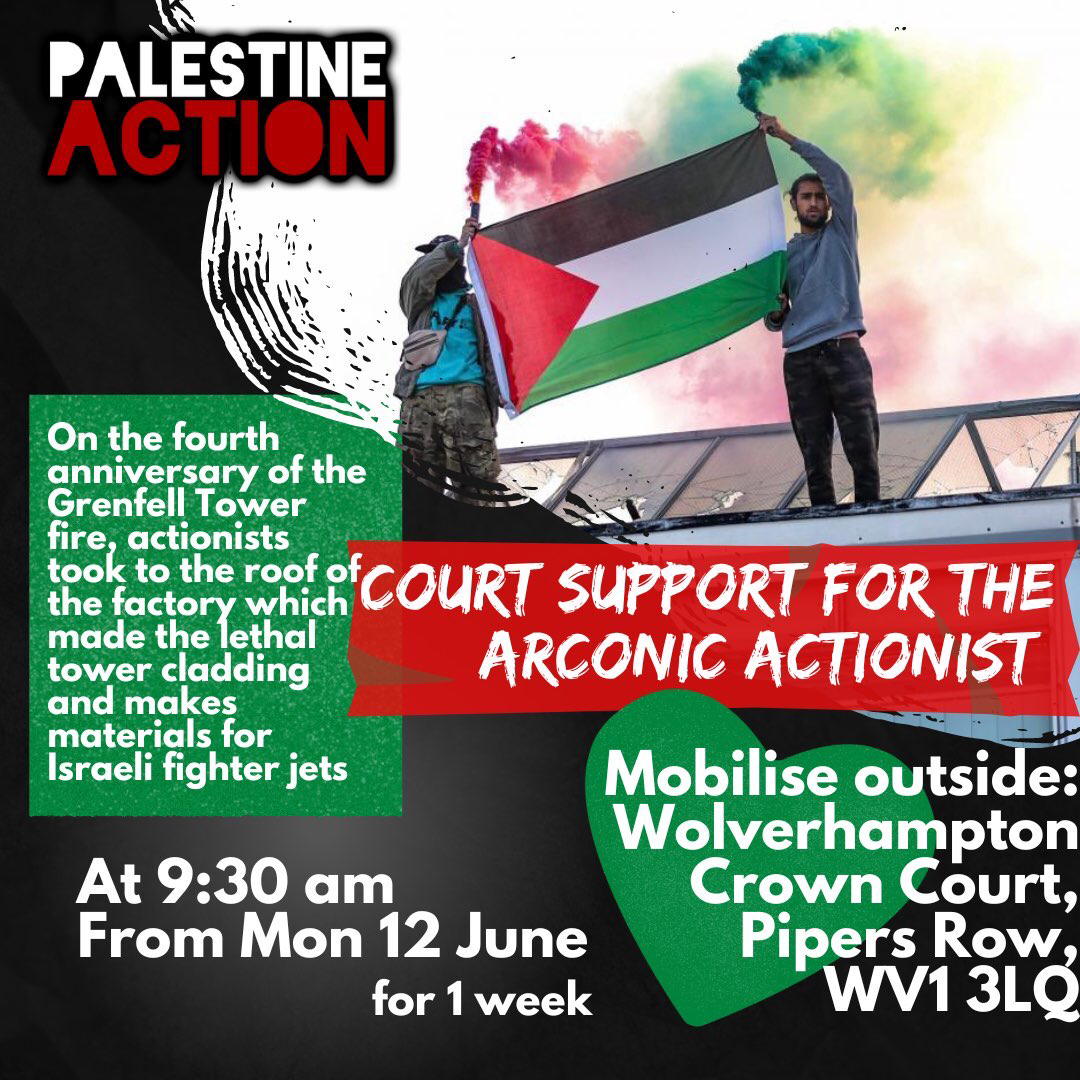 On the 4th anniversary of the Grenfell fire, actionists occupied the company who made the lethal tower cladding and materials for Israeli fighter jets. Now, one of them will stand trial to prove #ArconicIsGuilty, they are not!